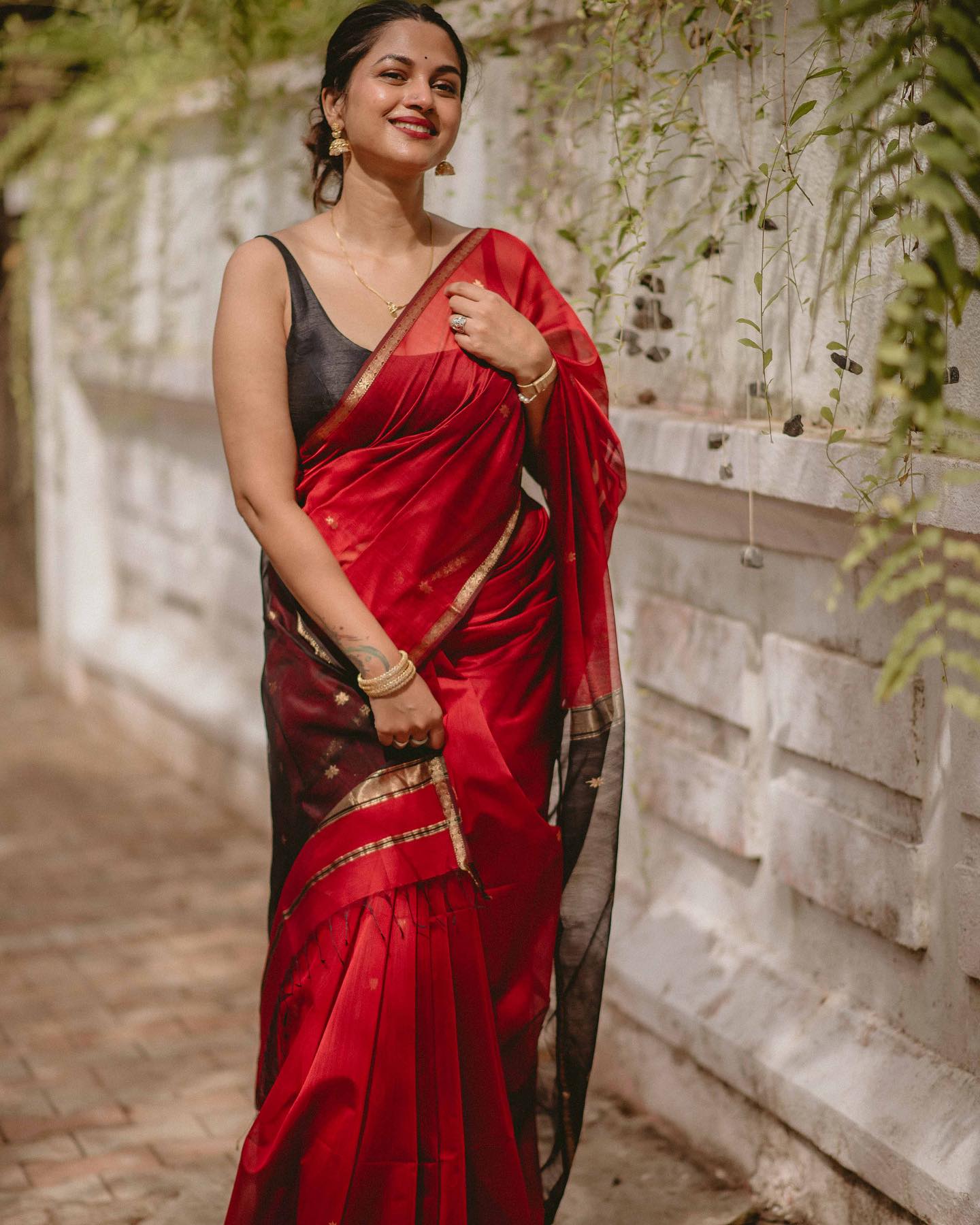 Red Silk Saree with Black Border