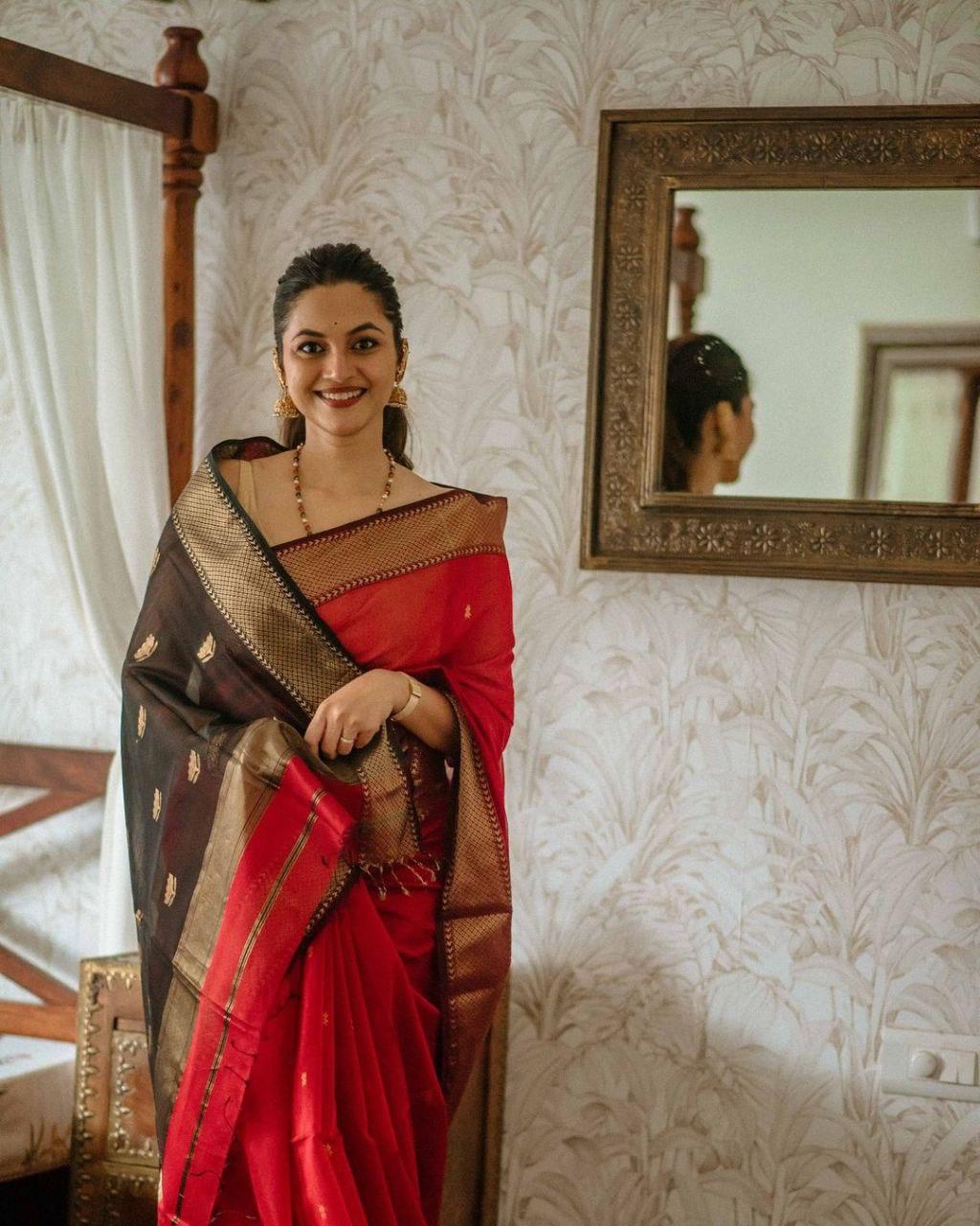 Red Silk Saree with Black & Gold Zari Pallu