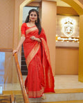 Red Silk Saree with Gold Zari Polka Motifs & Rich Border