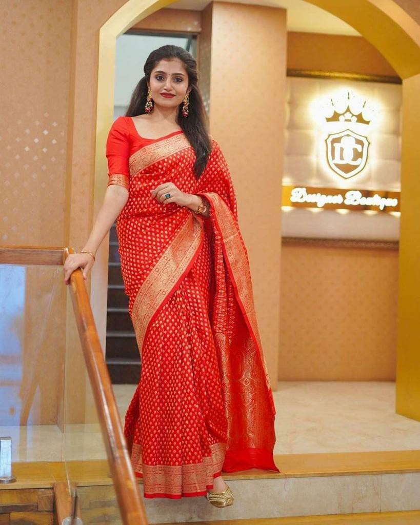 Red Silk Saree with Gold Zari Polka Motifs & Rich Border