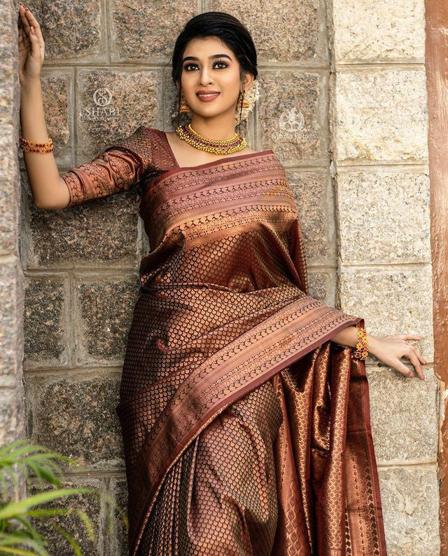 Rich Brown Silk Saree with Zari Weaving & Designer Border