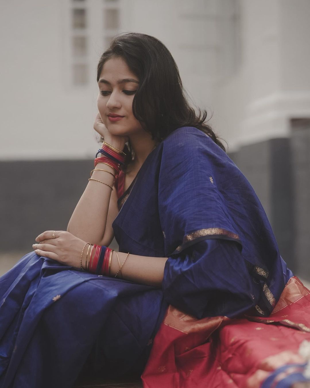 Royal Blue Saree with Red Pallu & Golden Border