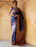 Royal Blue Silk Saree with Copper-Gold Border