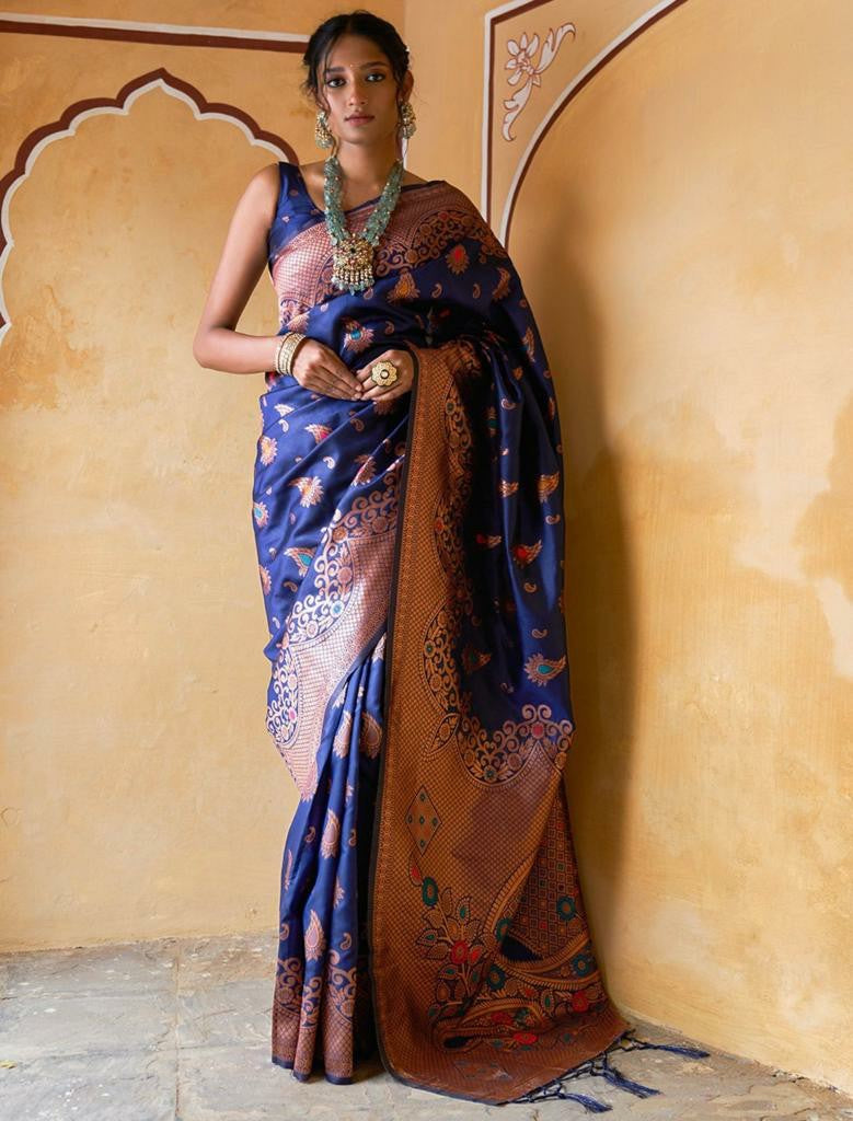 Royal Blue Silk Saree with Copper-Gold Border