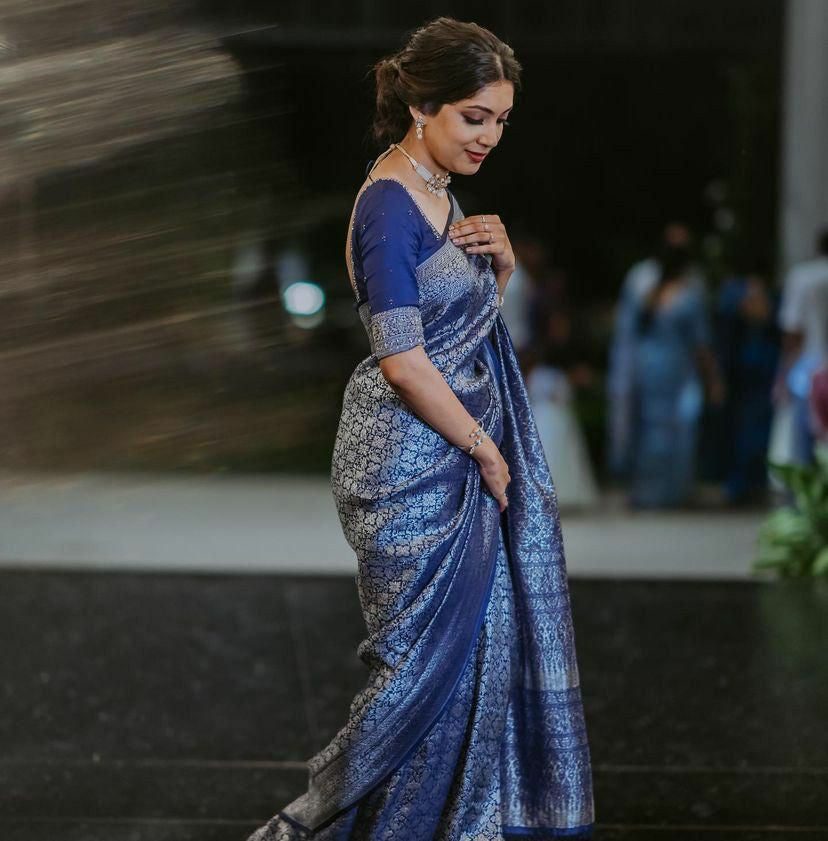 Royal Blue Silk Saree with Silver Zari Work & Rich Pallu