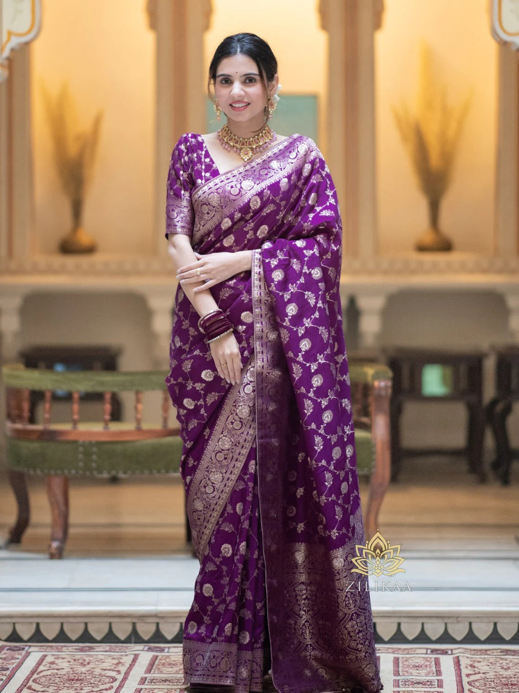 Royal Plum Purple Silk Saree with Gold Zari Work