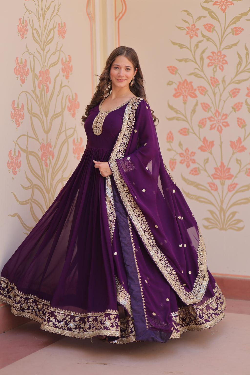 Royal Purple Anarkali Kurta Set with Heavy Embroidered Dupatta for Women