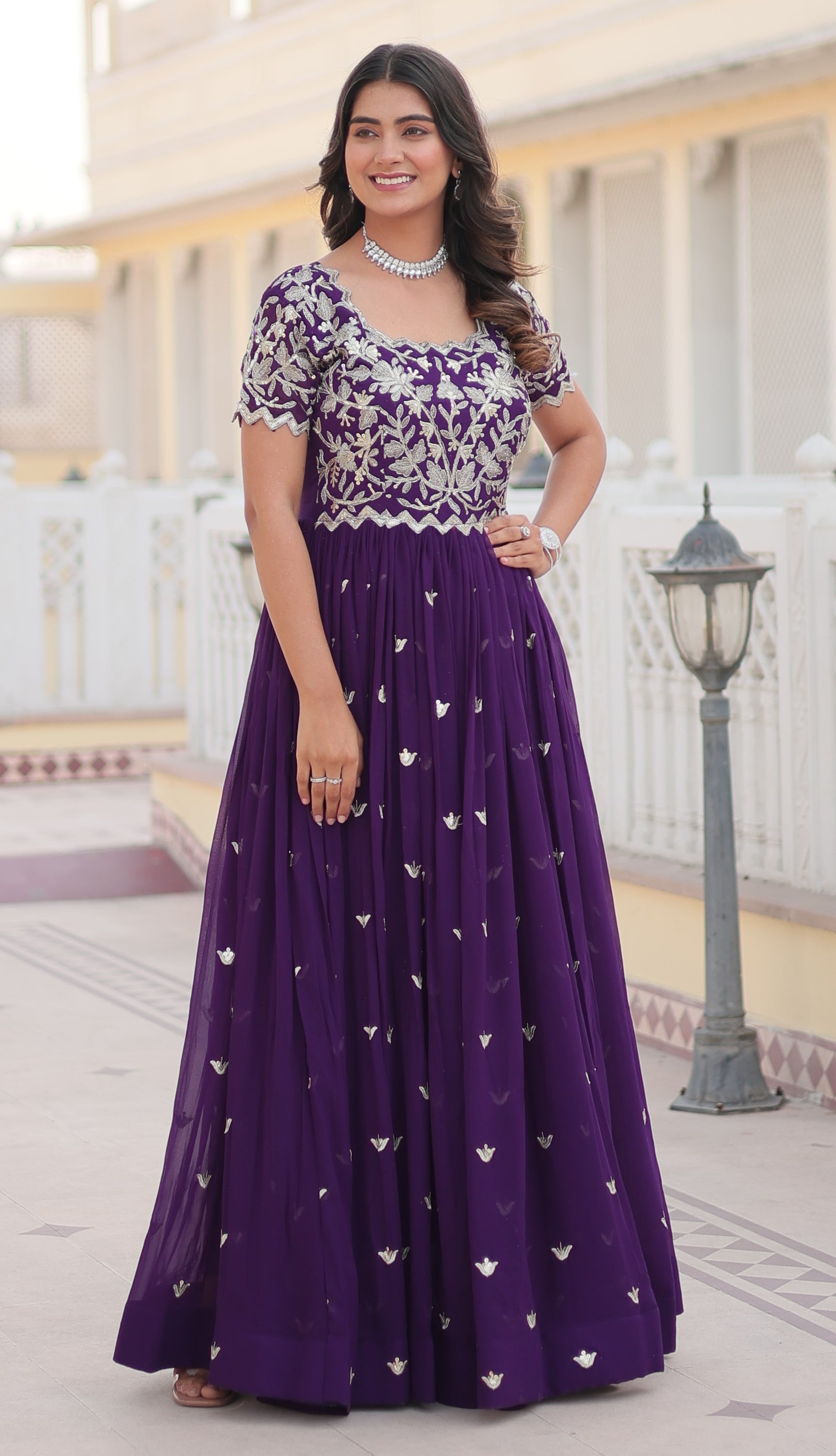 Royal Purple Embroidered Anarkali Gown for Women with Dupatta