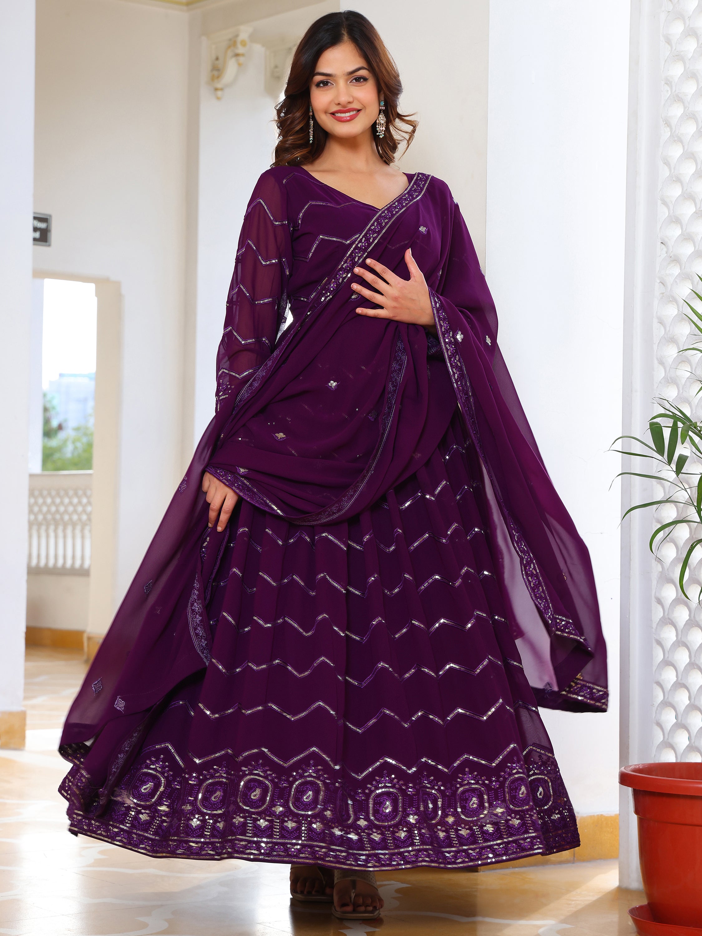 Royal Purple Embroidered Anarkali Set with Dupatta