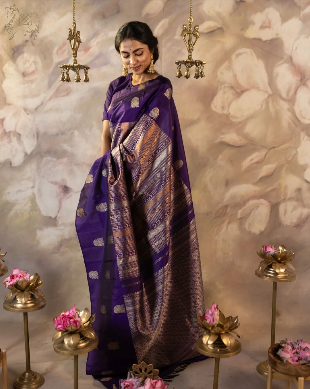 Royal Purple Silk Saree with Gold Zari Motifs & Rich Pallu