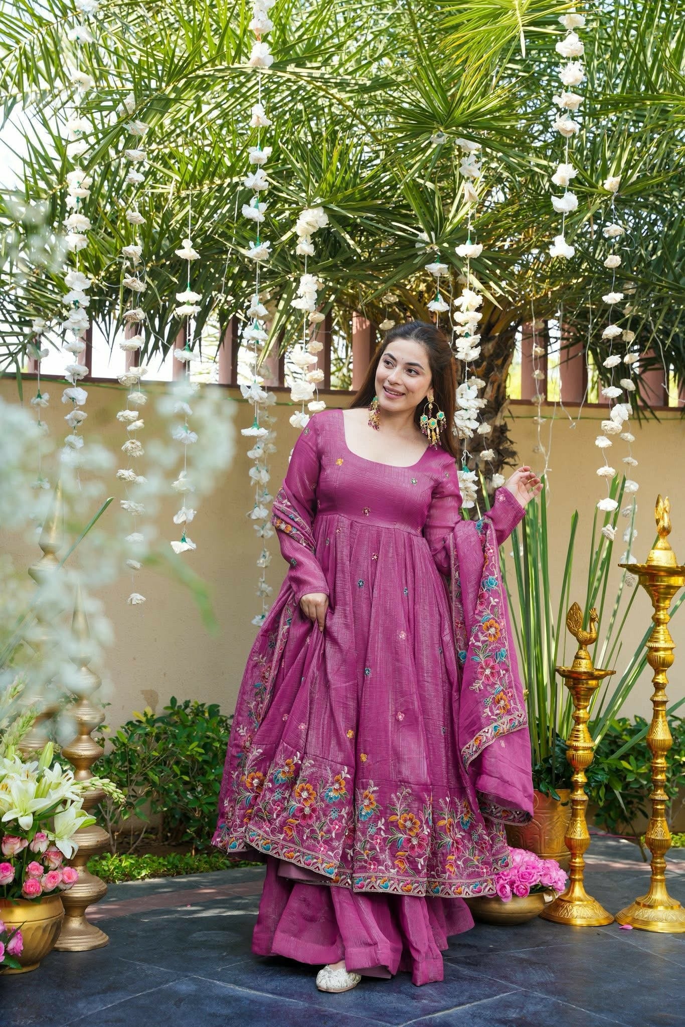 Designer Floral Threadwork Embroidered Anarkali Suit Set with Flared Bottom & Matching Scalloped Dupatta for Women