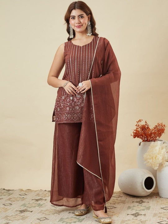 Rust Brown Kurta Palazzo Set with Dupatta