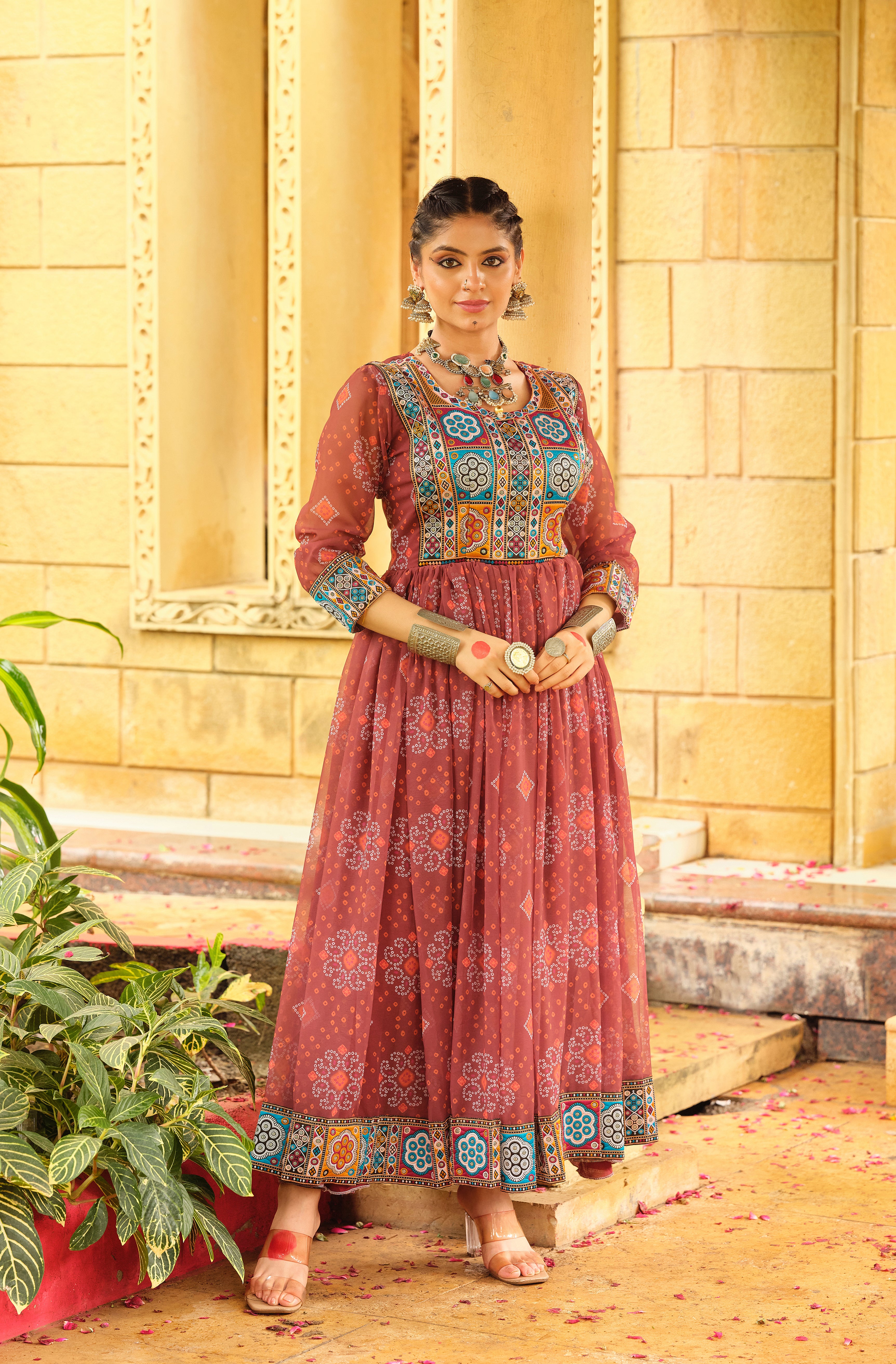 Rust Printed Anarkali Dress for Women