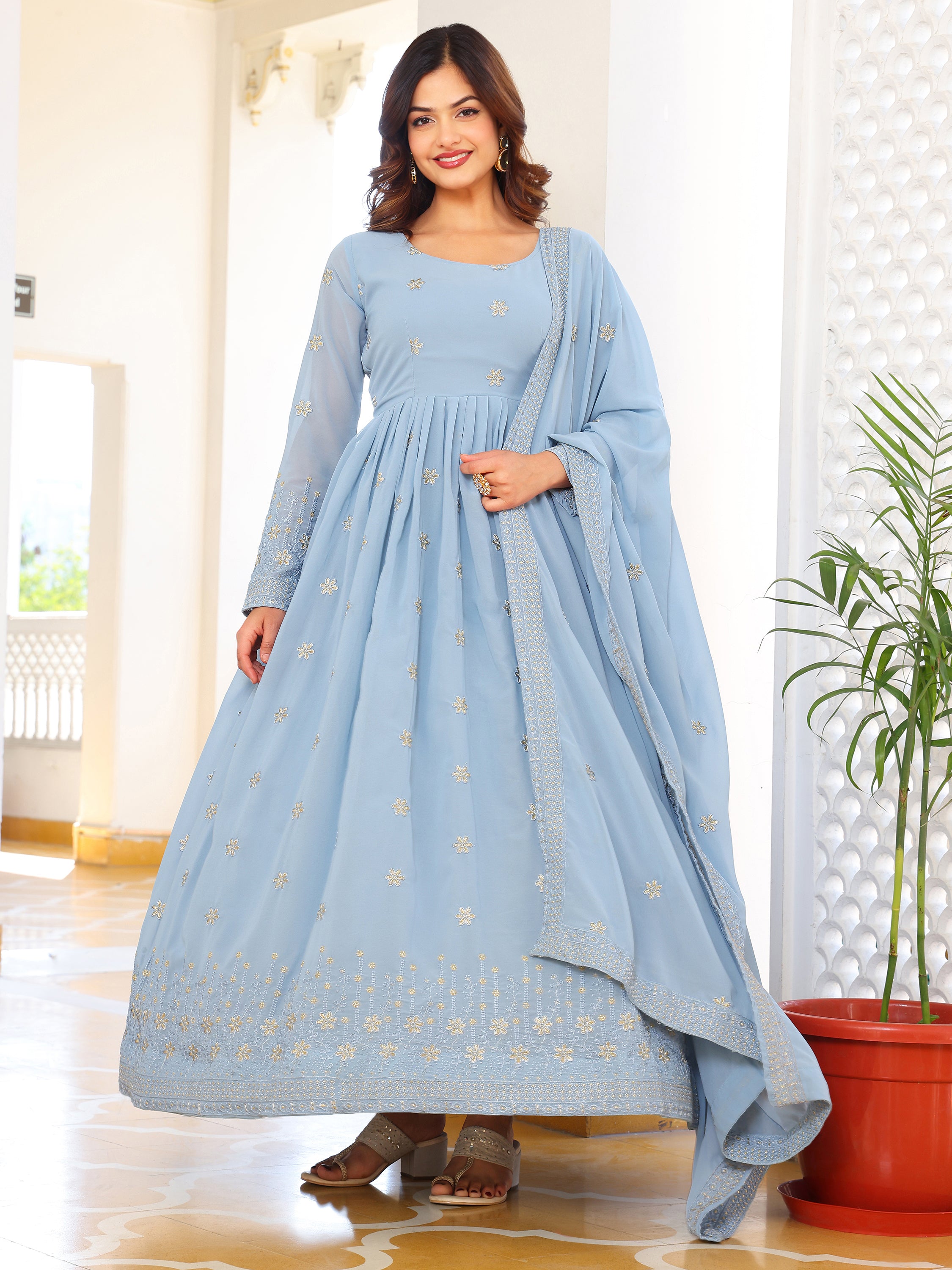Party Wear Embroidered Sky Blue Gown Set