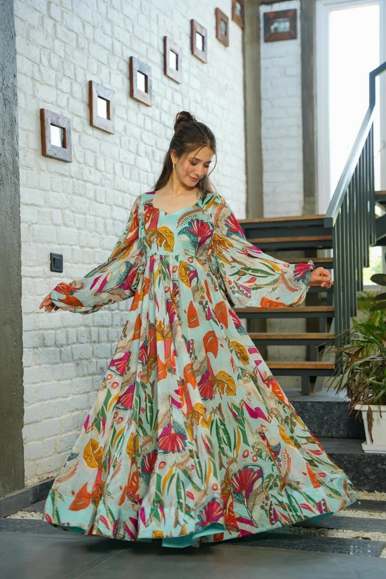 Tropical Multi-Color Floral Maxi Dress with Bishop Sleeves