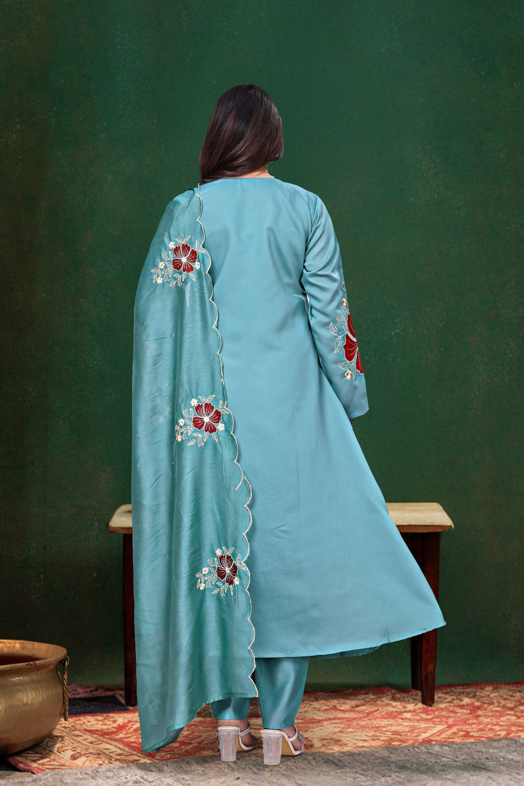 Sky Blue Embroidered Kurta Set with Dupatta for Women