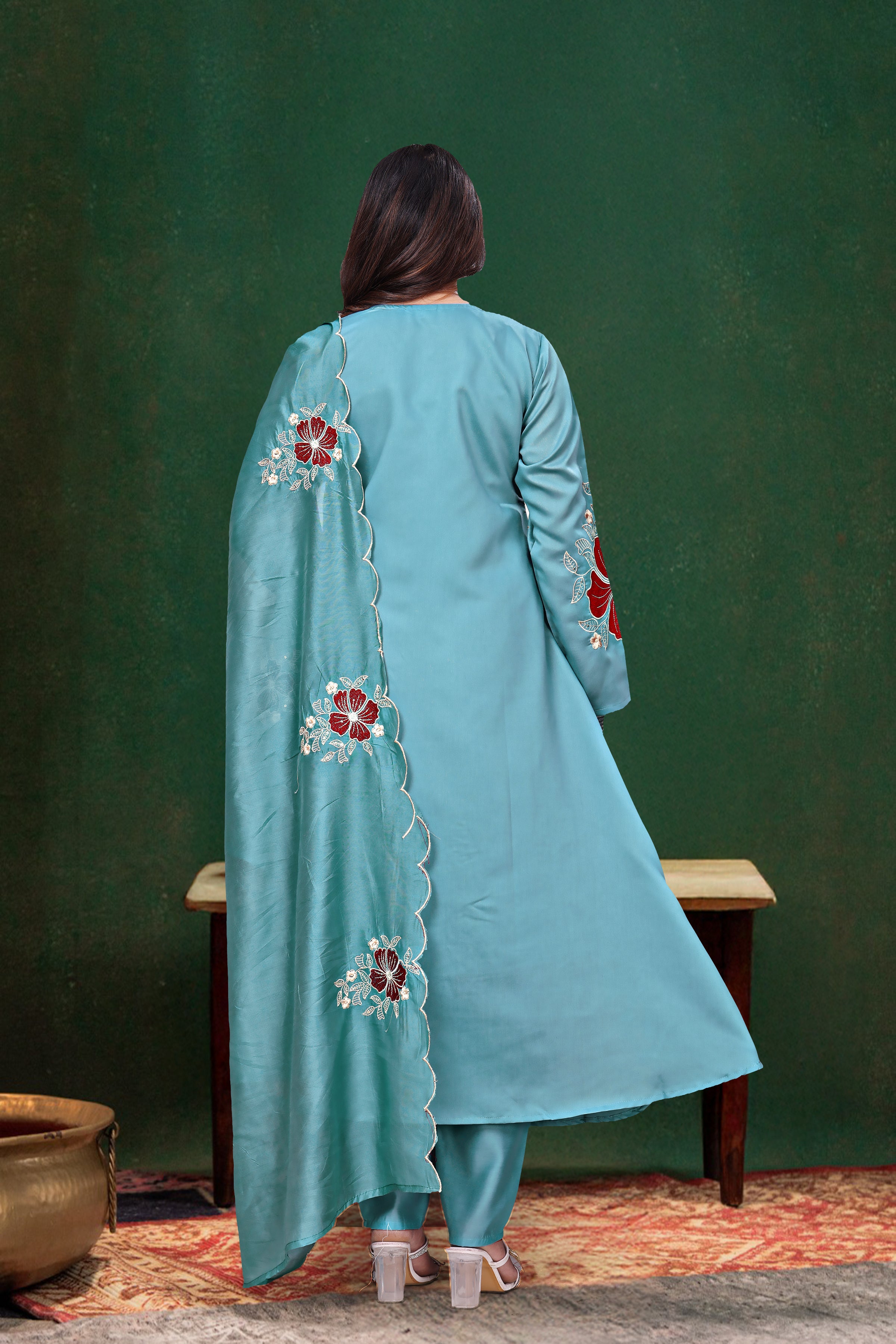Sky Blue Embroidered Kurta Set with Dupatta for Women