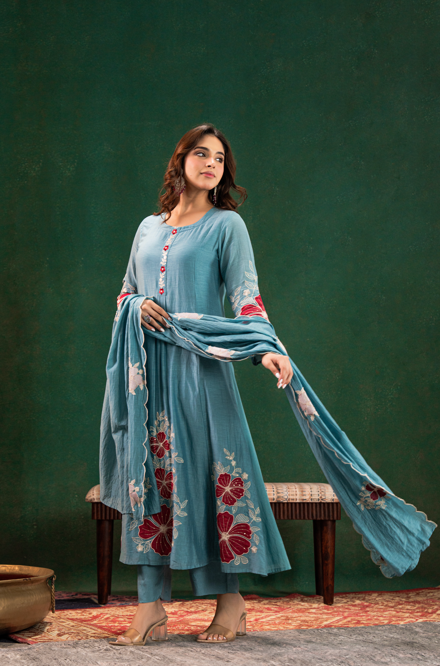 Sky Blue Embroidered Kurta Set with Dupatta for Women
