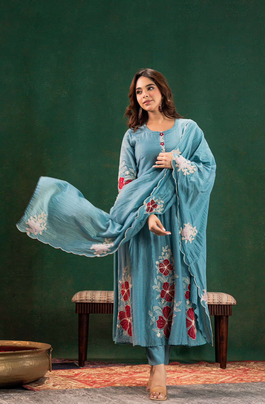 Sky Blue Embroidered Kurta Set with Dupatta for Women