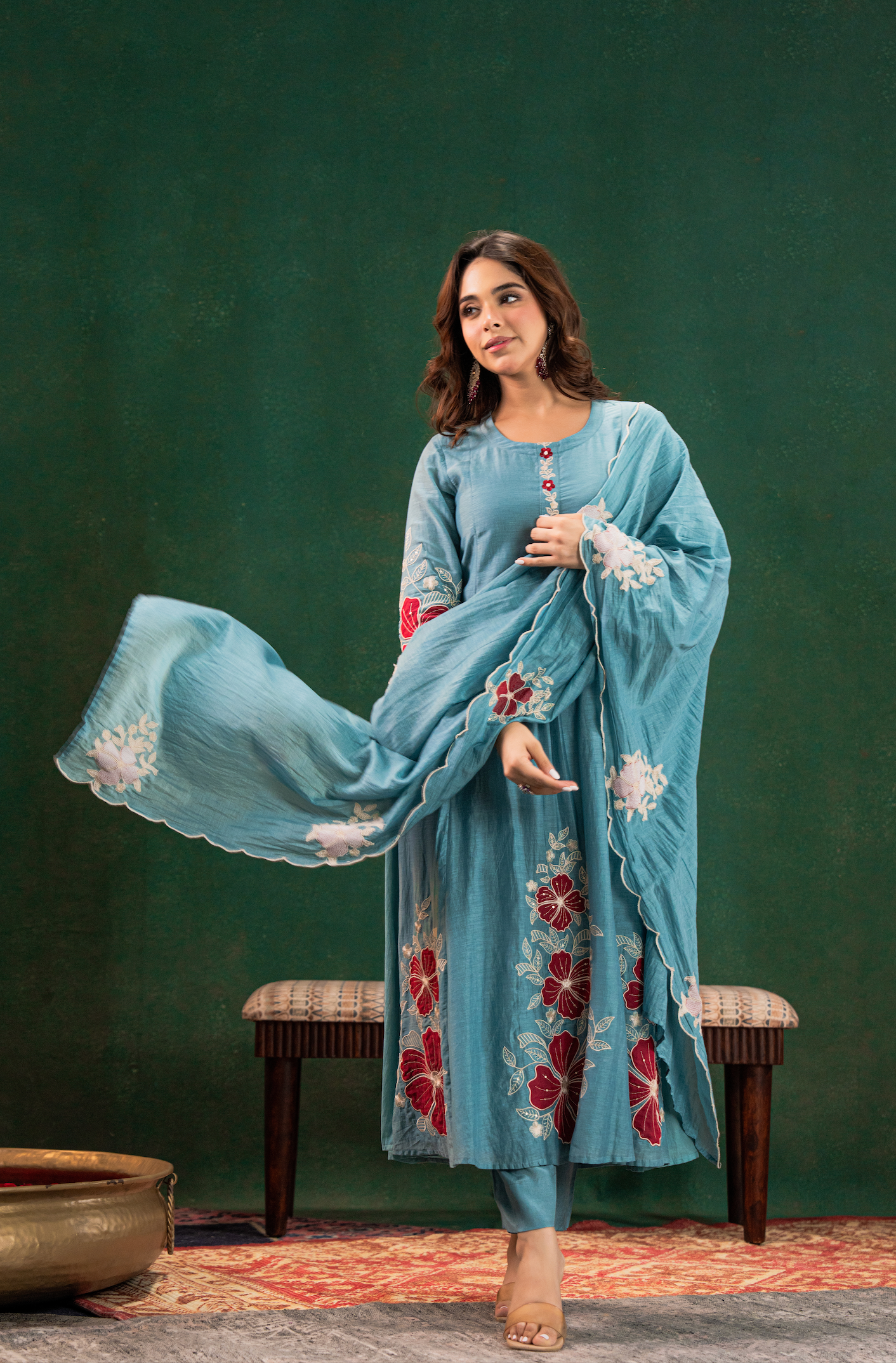 Sky Blue Embroidered Kurta Set with Dupatta for Women