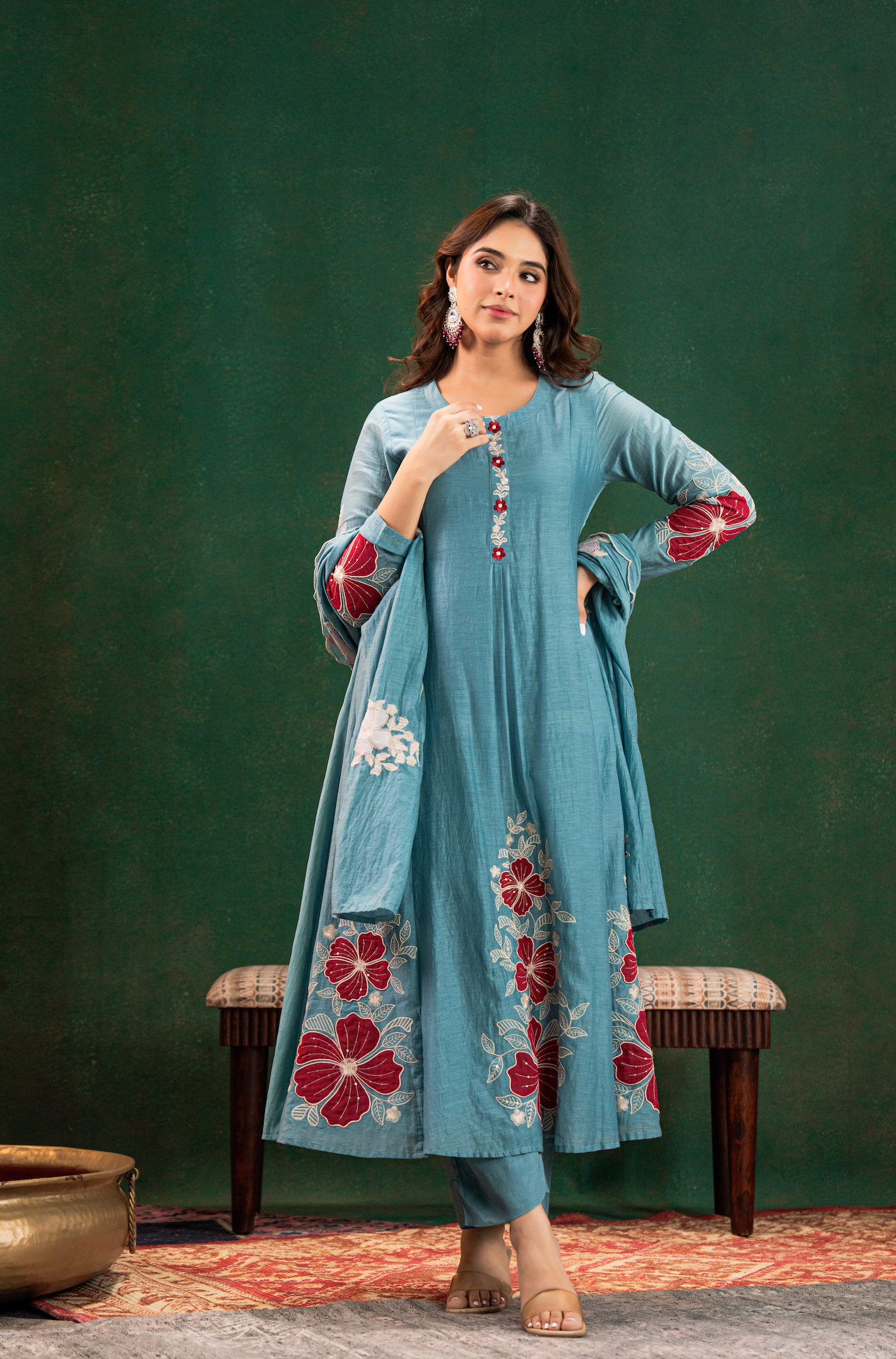 Sky Blue Embroidered Kurta Set with Dupatta for Women