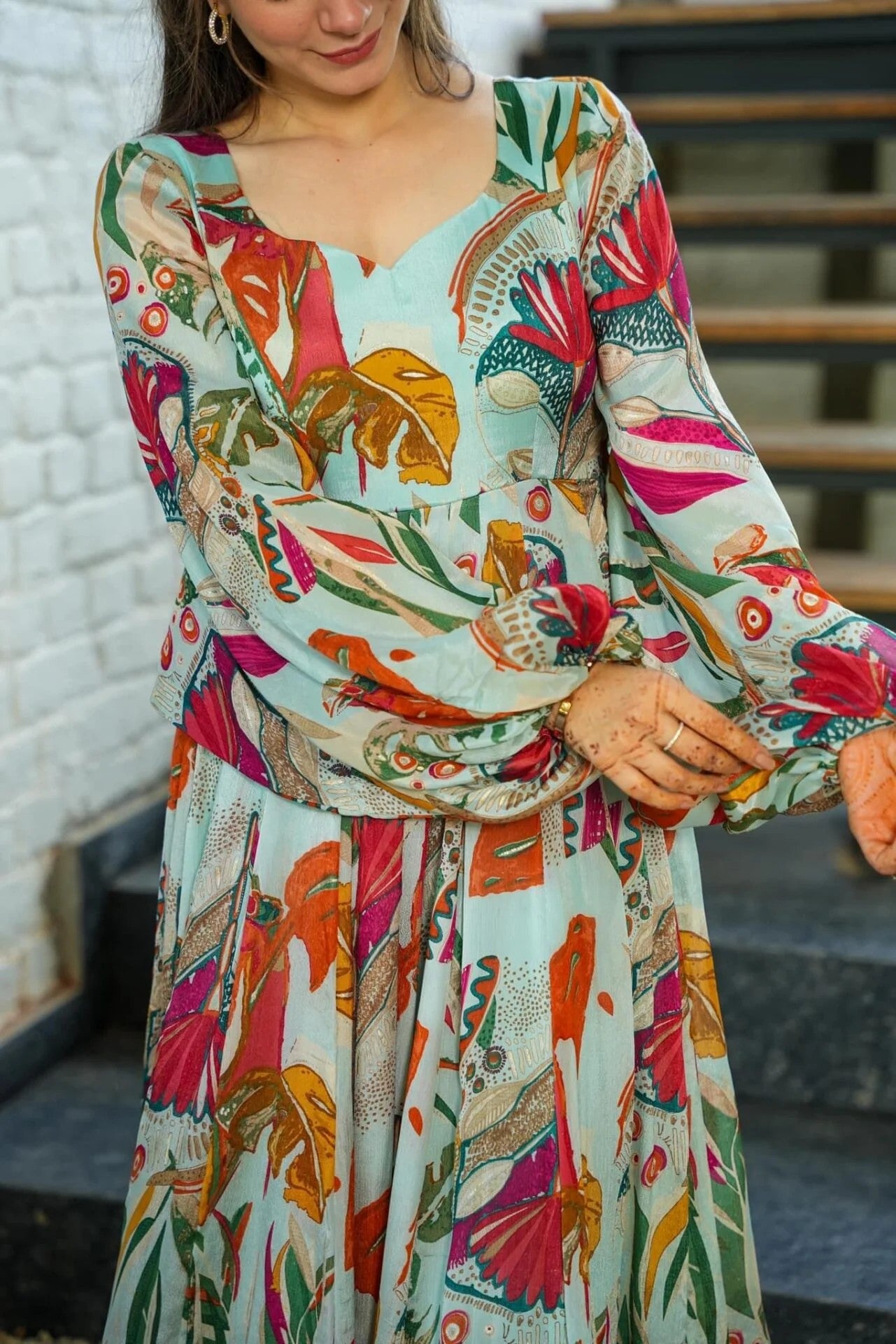 Tropical Multi-Color Floral Maxi Dress with Bishop Sleeves