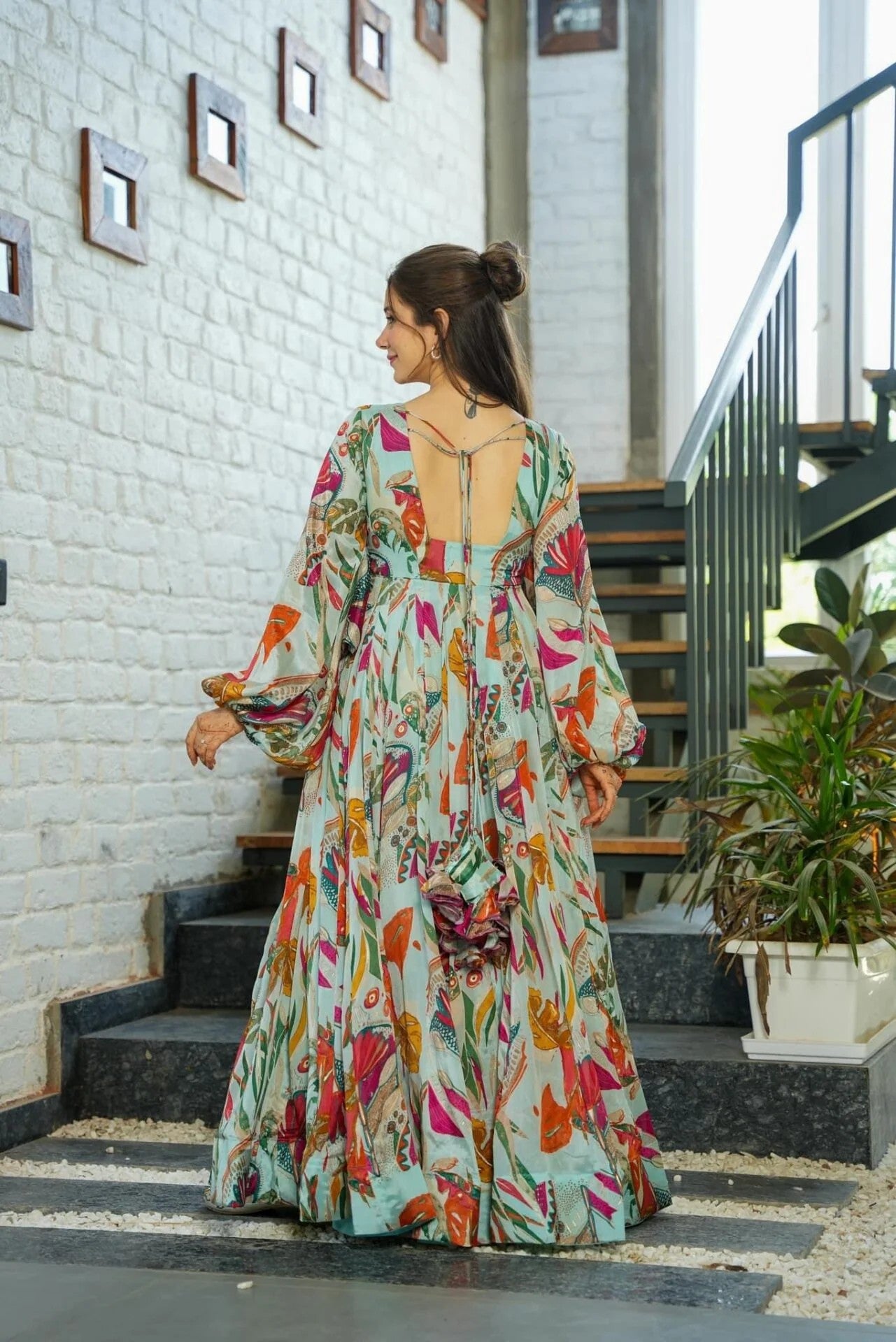 Tropical Multi-Color Floral Maxi Dress with Bishop Sleeves
