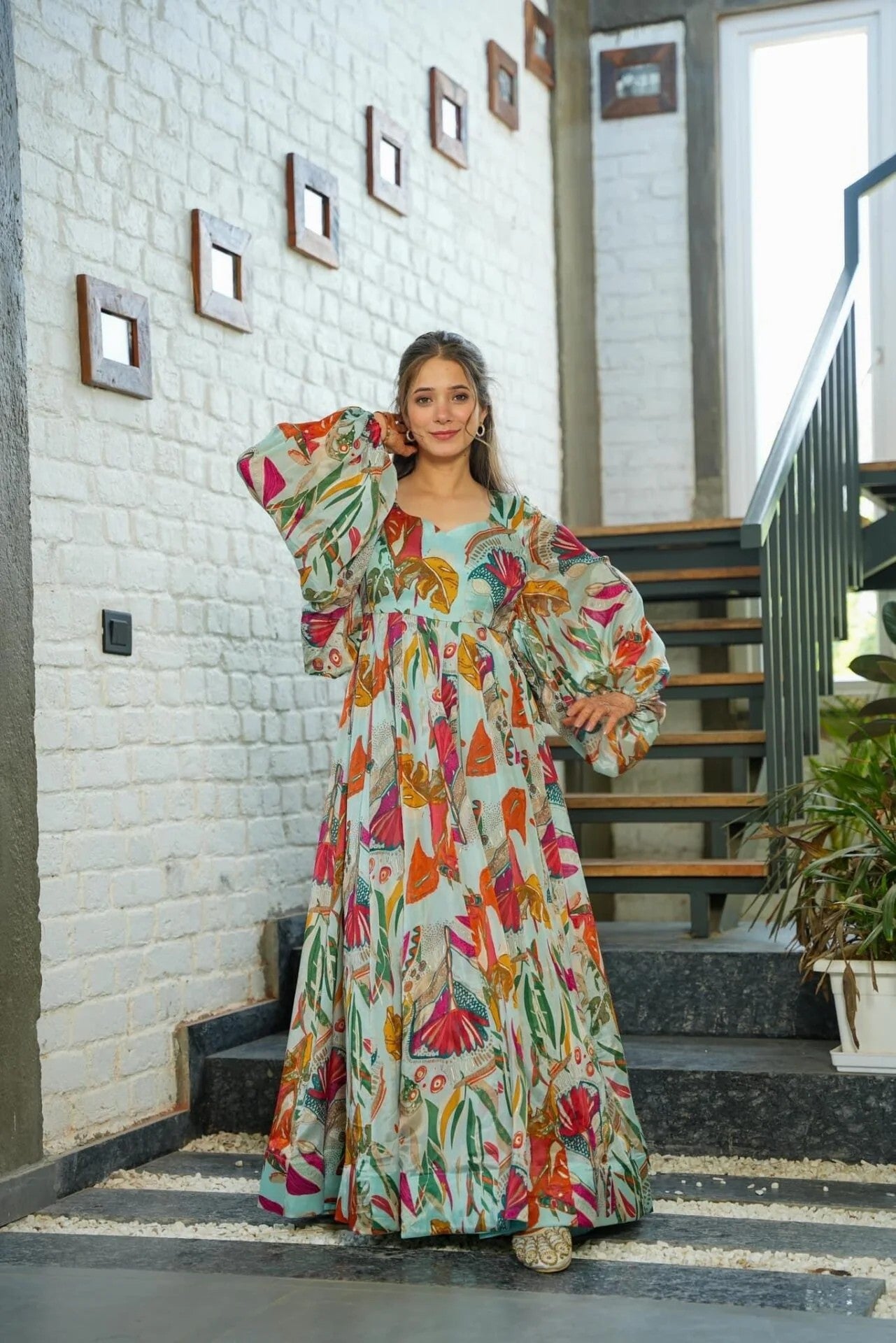Tropical Multi-Color Floral Maxi Dress with Bishop Sleeves