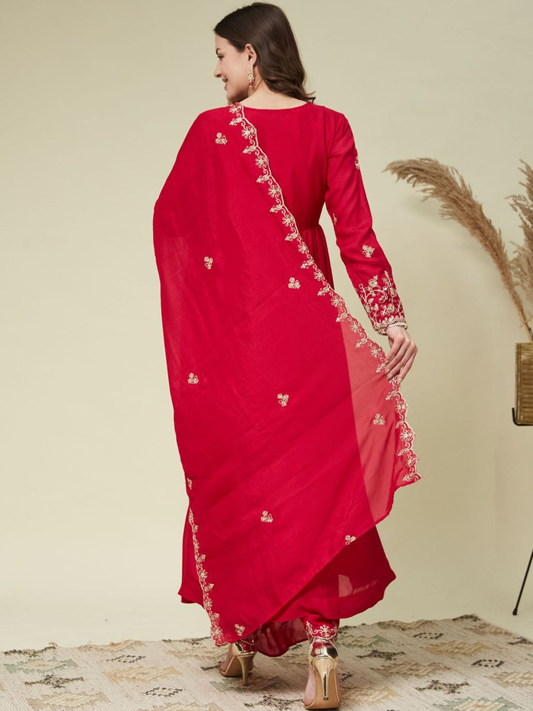 Red Embroidered Kurta Set for Women with Dupatta