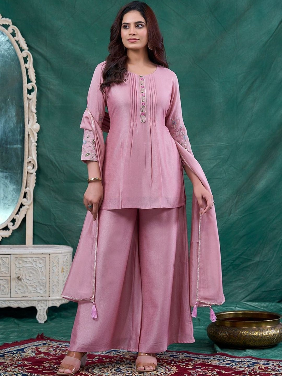 Salmon Peach Embroidered Short Kurta Set with Flared Palazzo