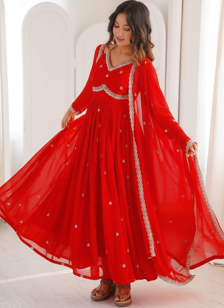 Scarlet Red Anarkali Gown with Dupatta for Women
