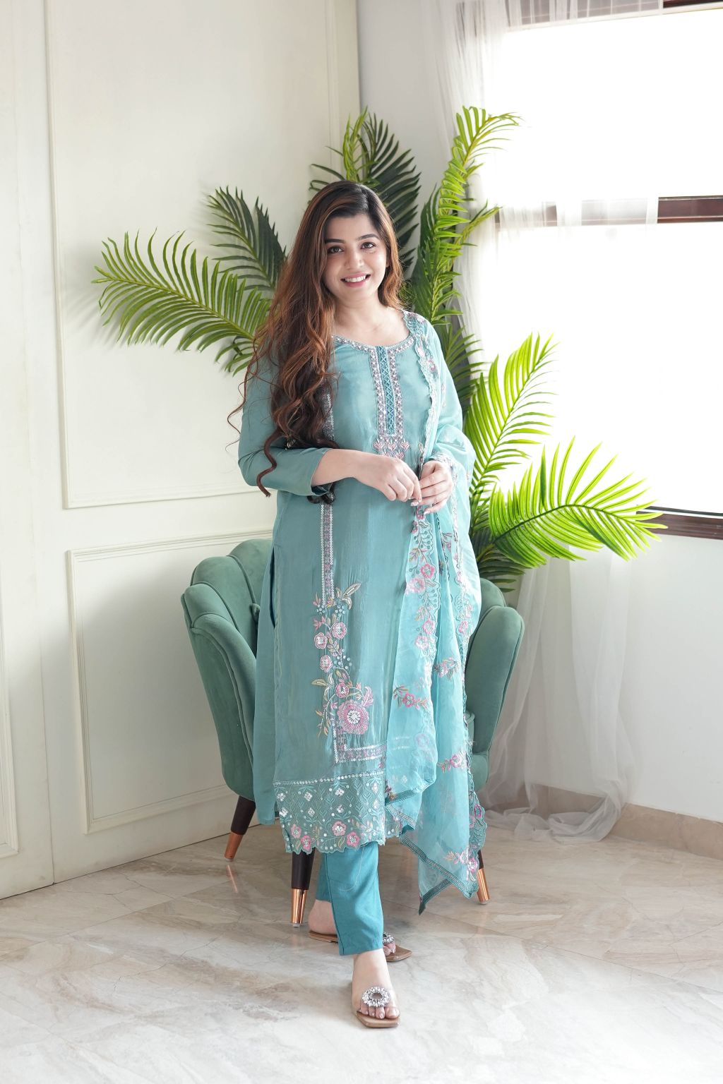 Sea Green Embroidered Kurta Set with Dupatta