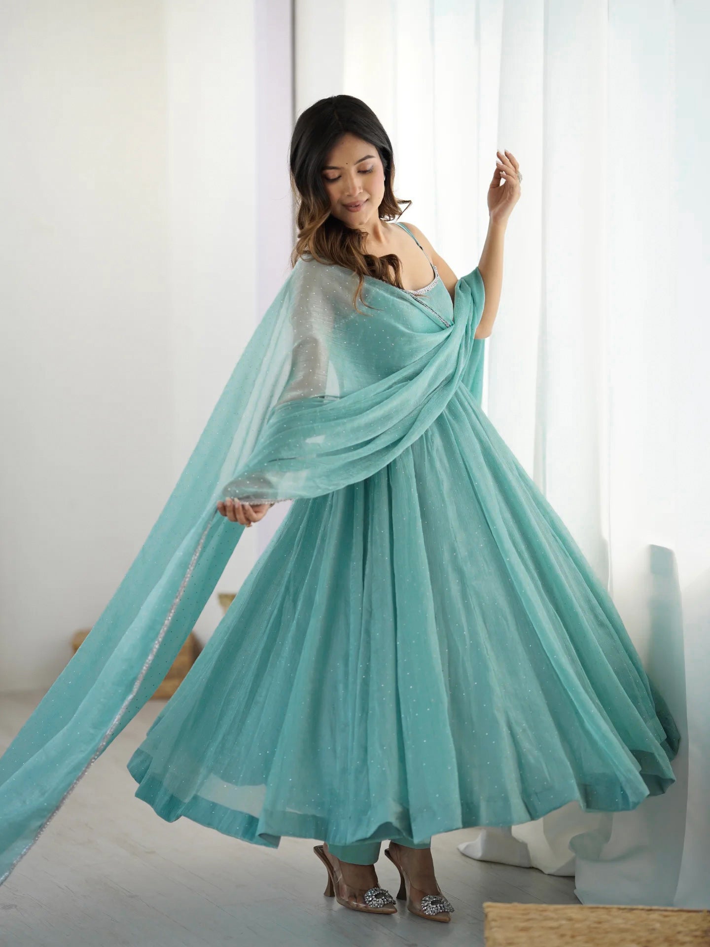 Seafoam Green Shimmer Organza Anarkali Set with Sequins Work & Dupatta