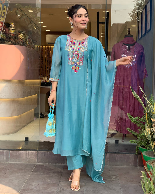 Stunning Teal Embroidered Kurta Set with Sheer Dupatta