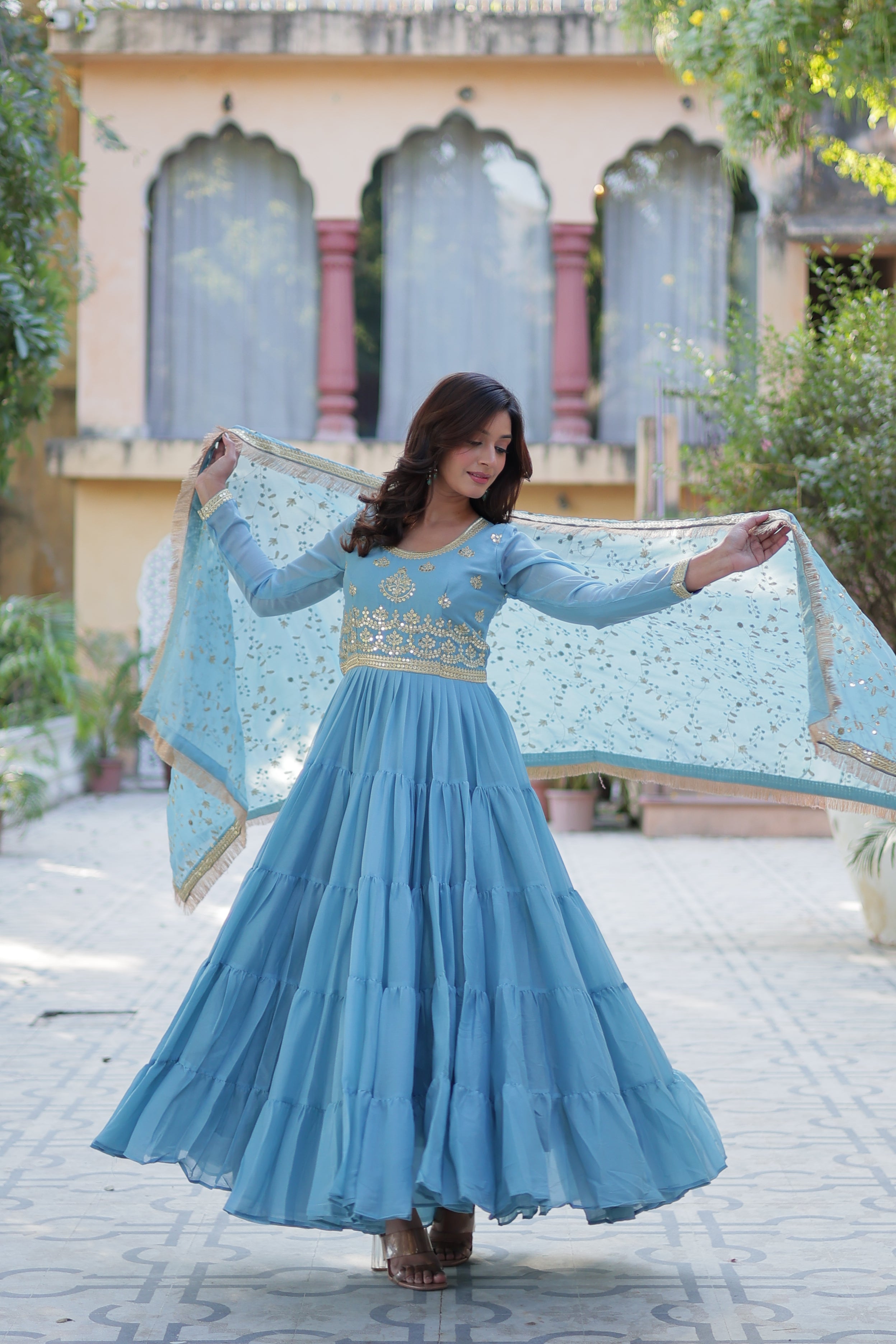 Sky Blue Anarkali Kurti with Dupatta for Women