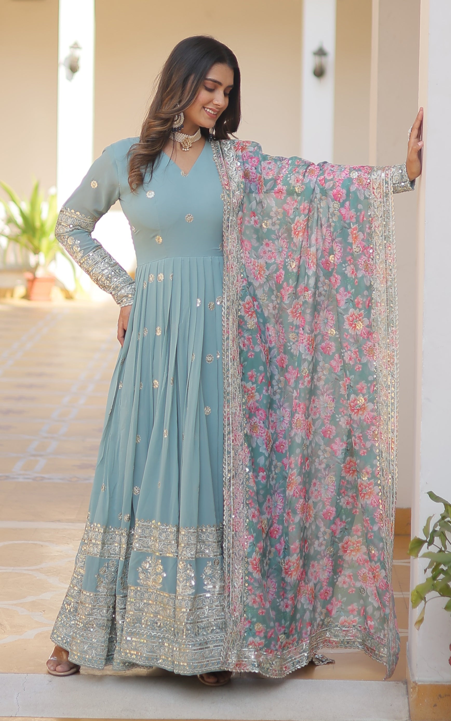 Sky Blue Anarkali Suit with Floral Dupatta 