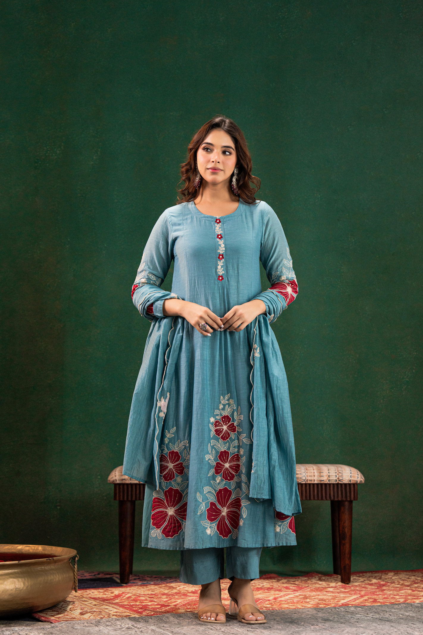 Sky Blue Embroidered Kurta Set with Dupatta for Women