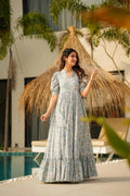 Sky Blue Floral Tiered Maxi Dress with Puff Sleeves