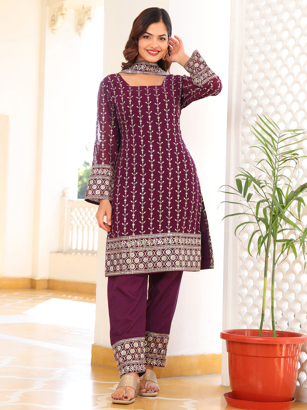 Sophisticated Wine Purple Straight Kurta Set with Intricate Embroidery