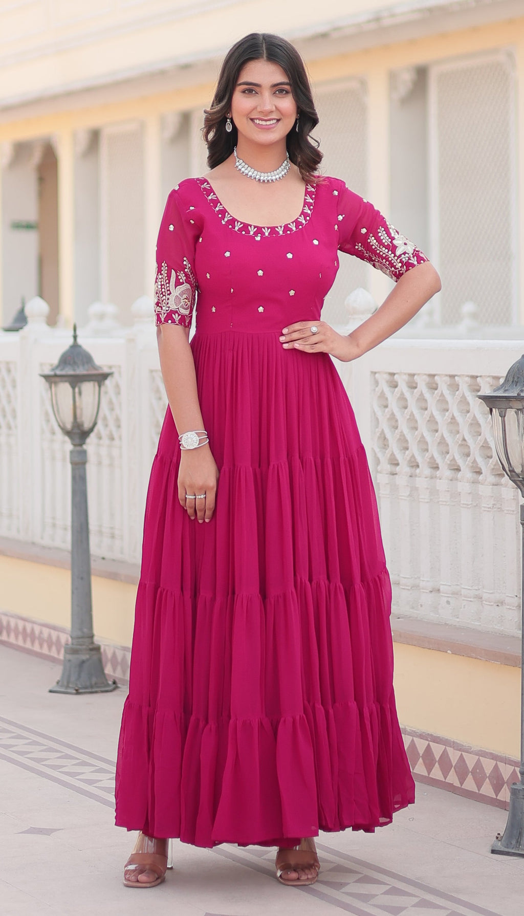 Stunning Rani Pink Tiered Georgette Anarkali Gown with Mirror Work