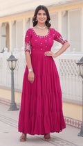 Stunning Rani Pink Tiered Georgette Anarkali Gown with Mirror Work