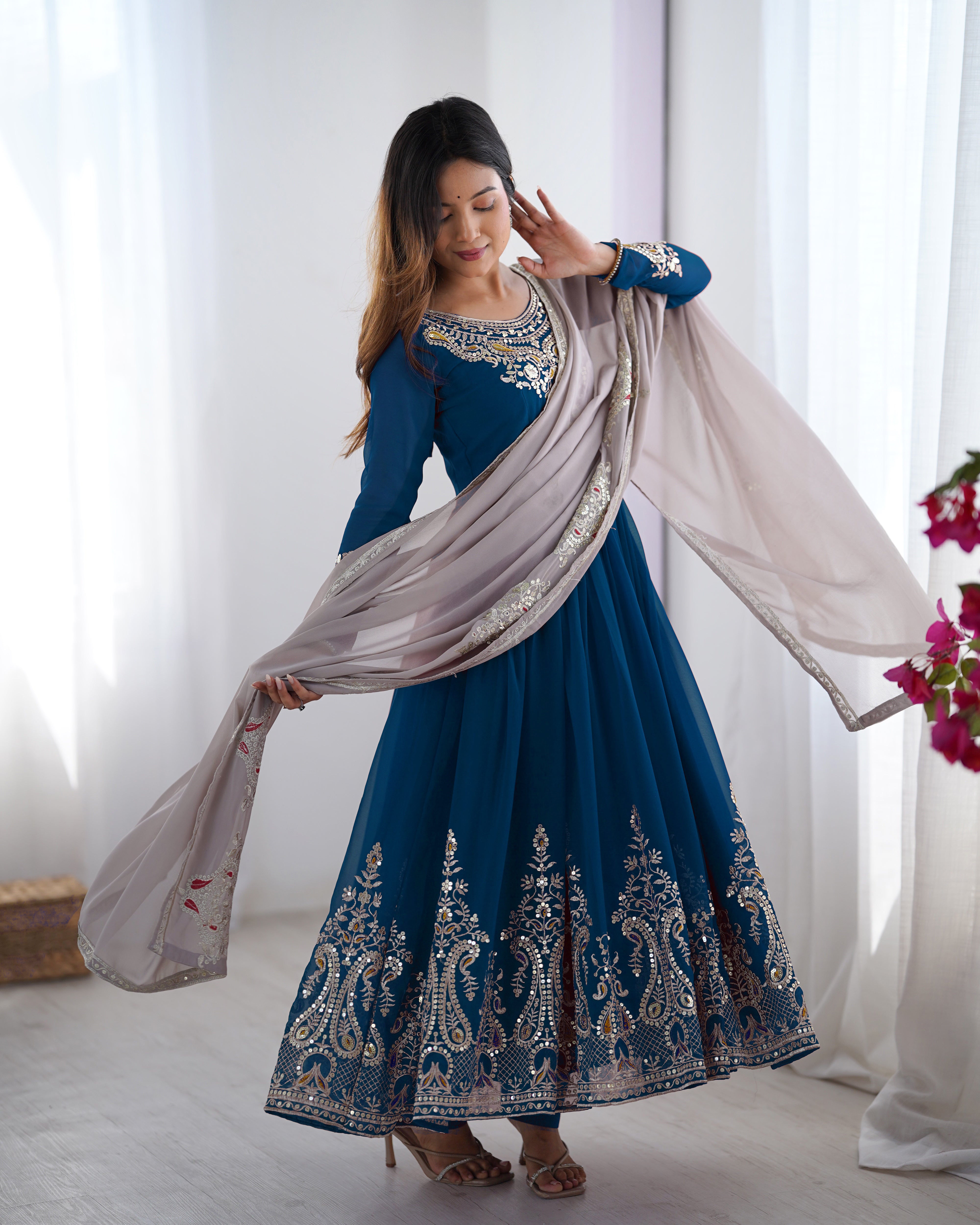 TURQOISE_Embroidered Anarkali Dress with Dupatta 