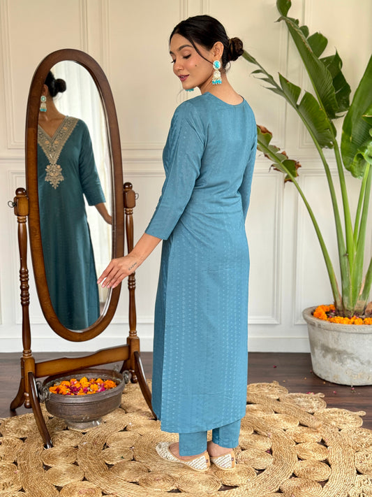 Chic Turquoise Kurta Set in Premium Fabric – Festive & Wedding Ready