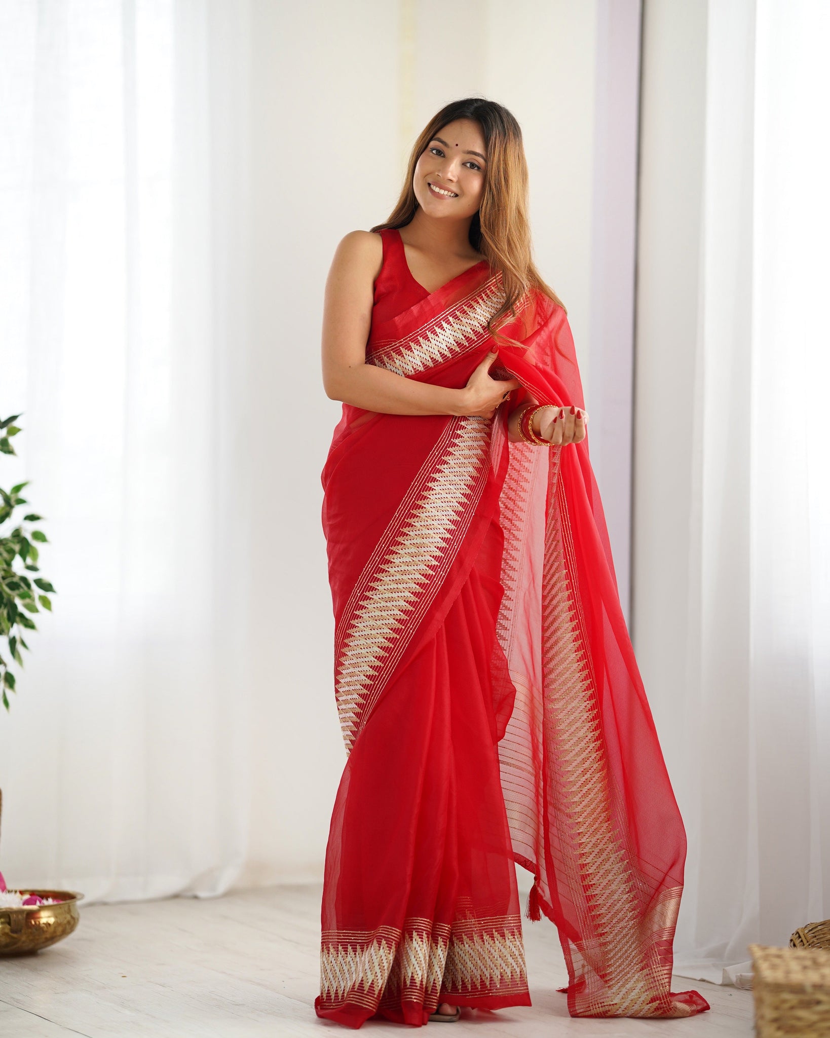 Festival Wear Organza Red Saree