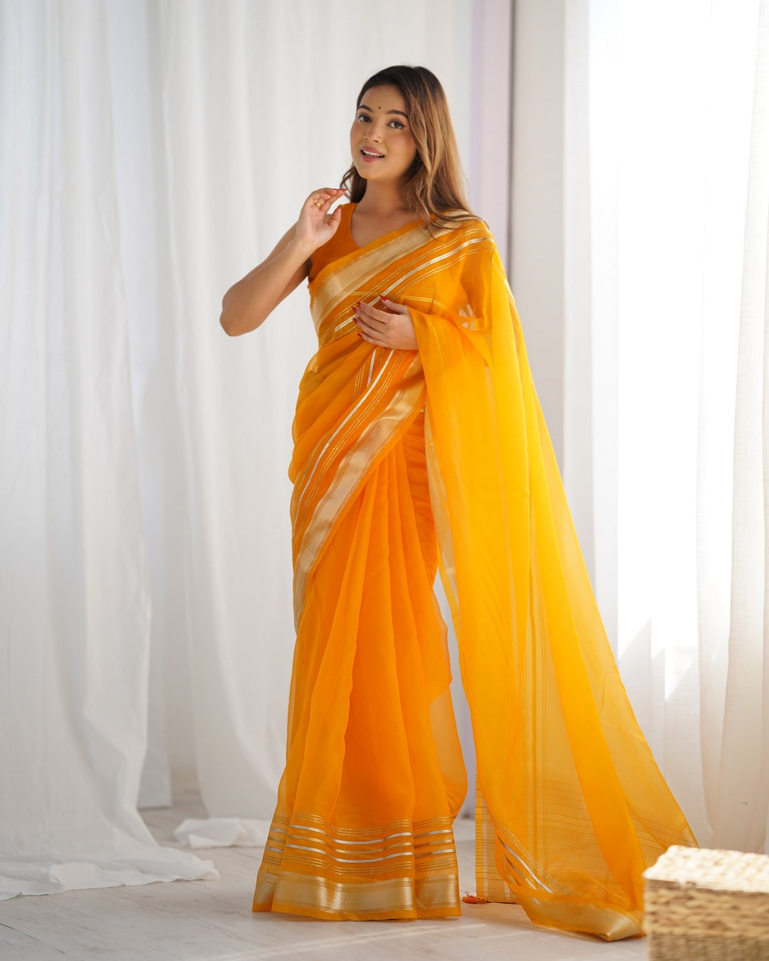 Festival Wear Sequence Organza Yellow Saree