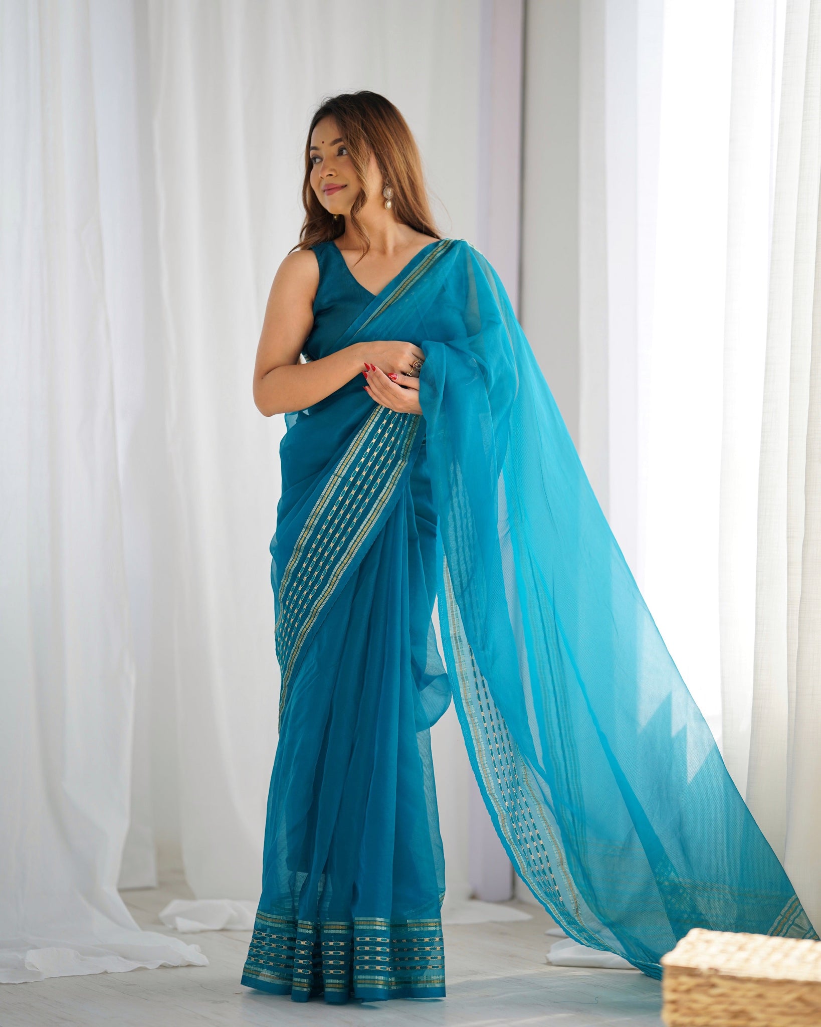 Turquoise Festival Wear Organza  Saree for women