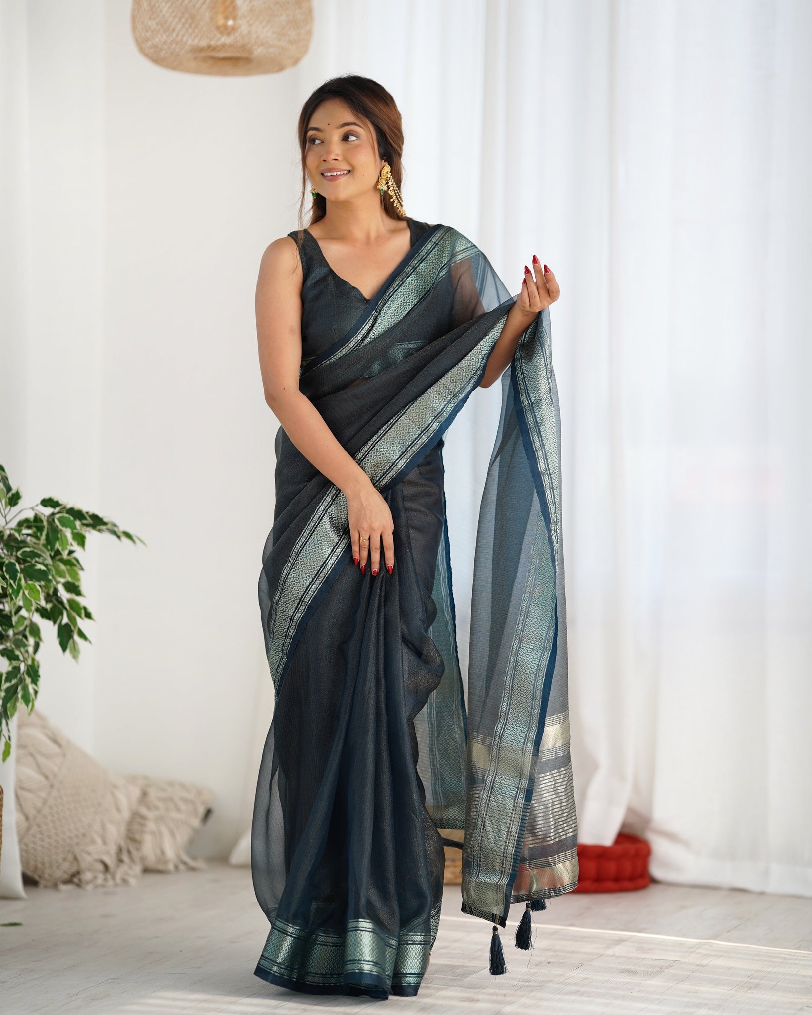 Black Organza Festival Wear Saree for women