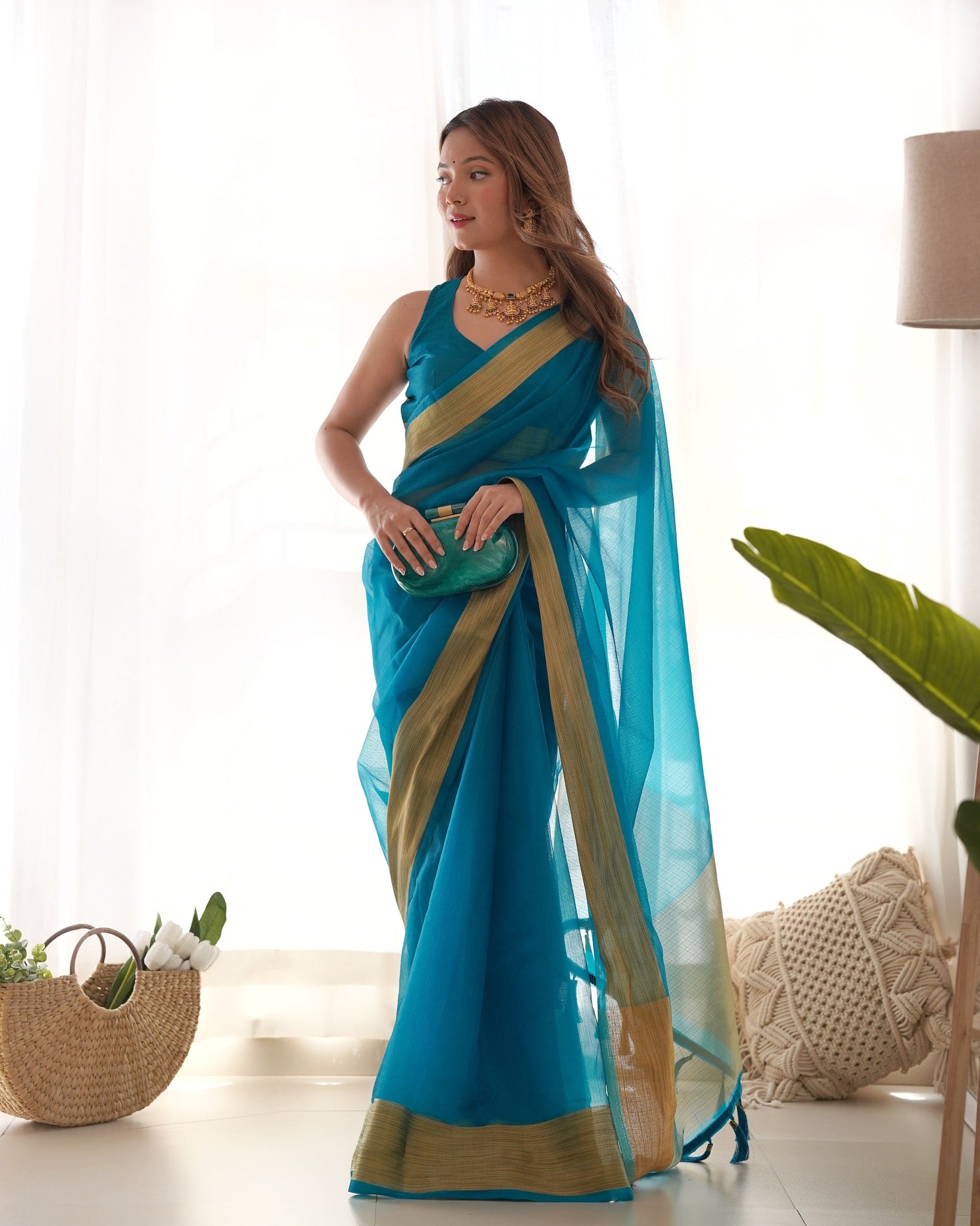 Turquoise Casual Wear Organza Saree for women