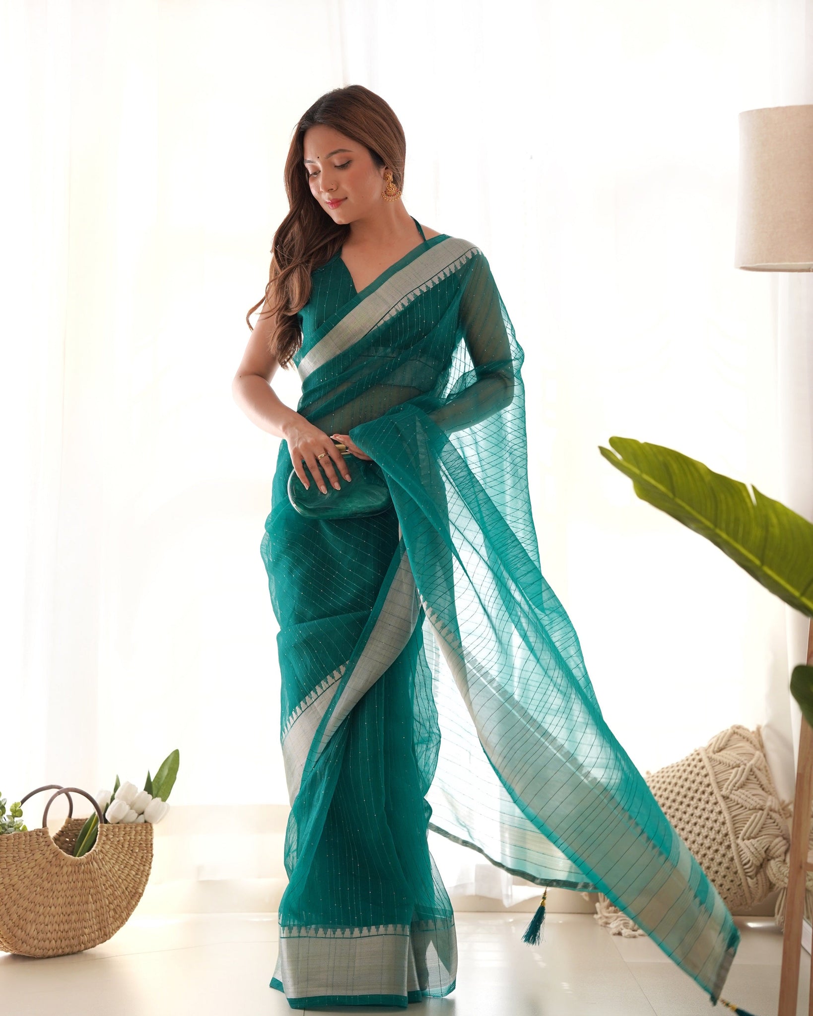 Green Organza Party Wear  Saree for women