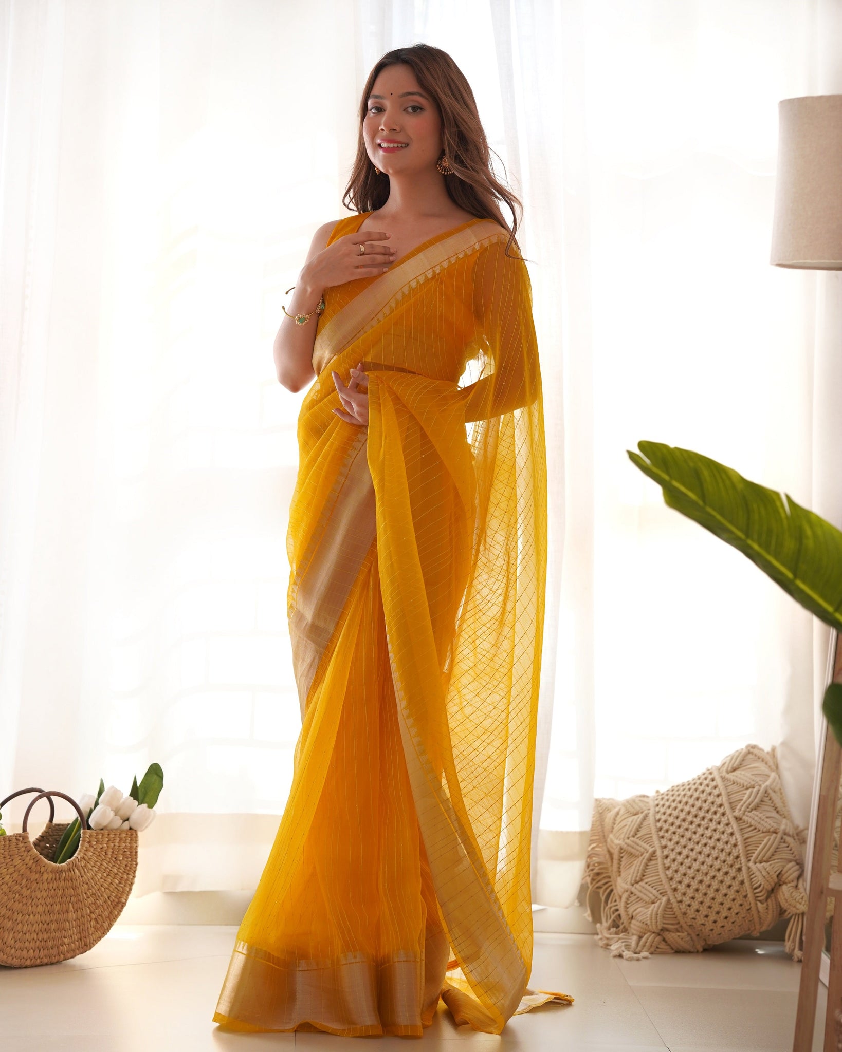 Yellow Organza Party Wear Saree for women